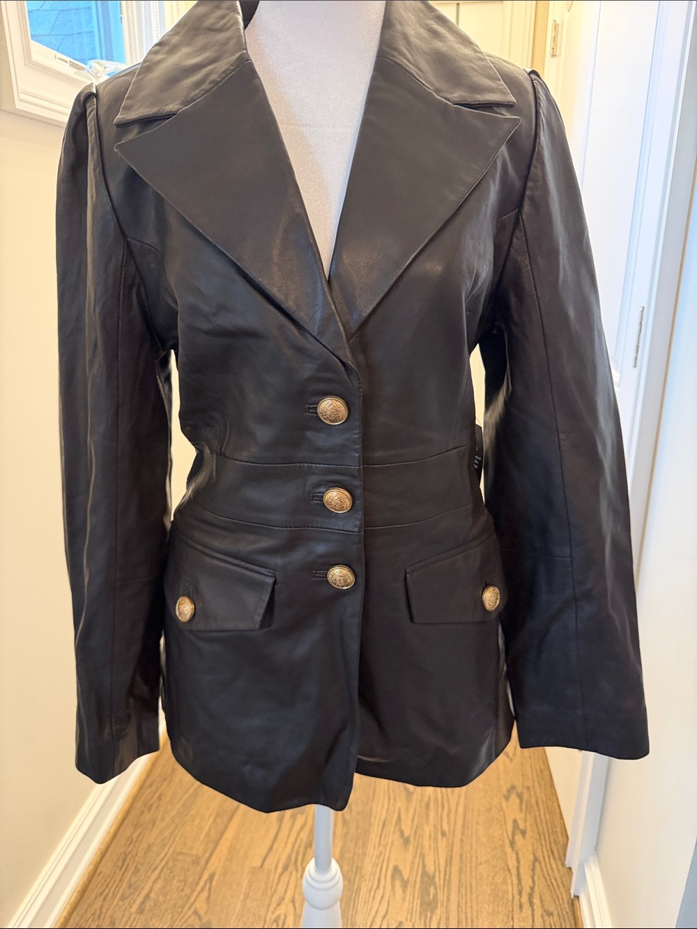 Boston Proper Black Leather Button-Front Blazer with Gold Buttons